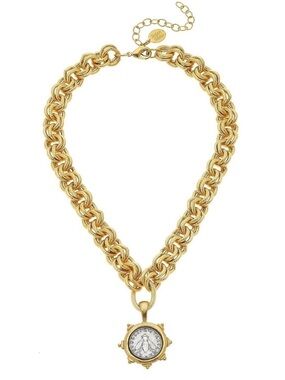 NWT Authentic Susan Shaw Florence Bee Gold Two Tone Coin Necklace mixed metal